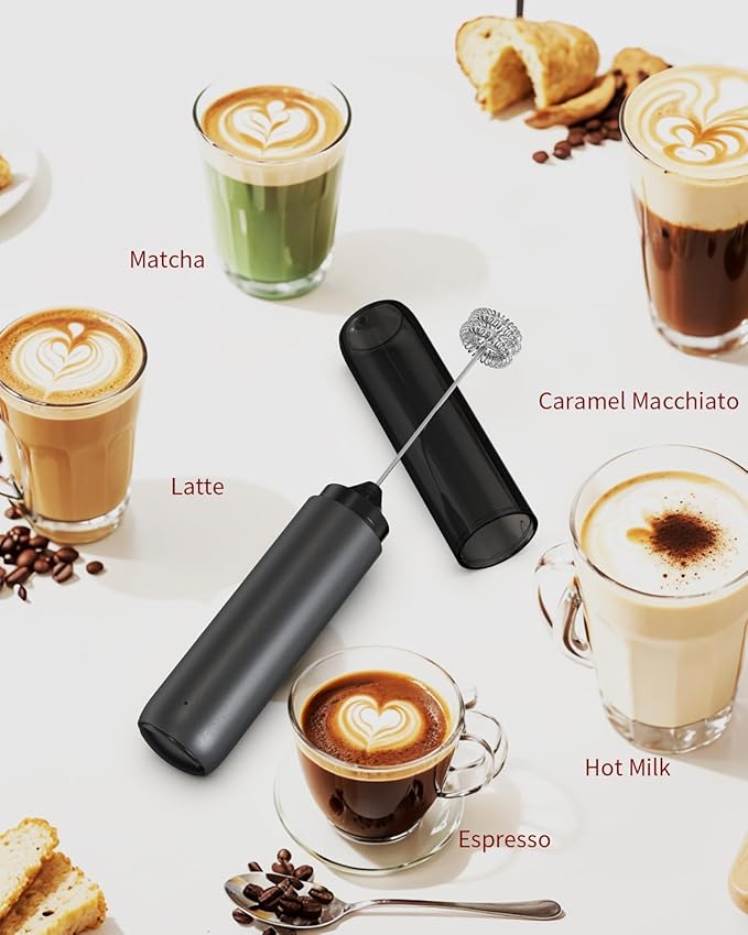 CIRCLE JOY Rechargeable Milk Frother Hanheld, Dual Coil Whisk Head Electric Coffee Frother, Portable Hand Frother Wand Drink Mixer for Matcha Lattes Cappuccino, Kitchen Gifts, Black