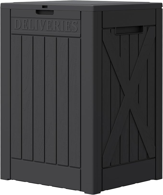 Greesum 52 Gallon Large Outdoor Package Delivery Box for Porch, Lockable Secure Double-Wall Resin Storage Box, Waterproof Deck Box for Package Protection, Black