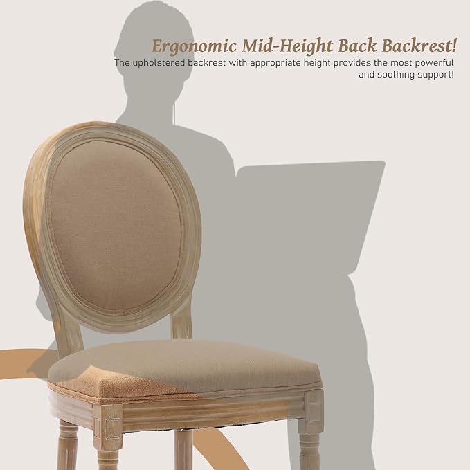 French Country Dining Chairs Set of 6,Farmhouse Upholstered Dining Room Chairs with Round Back and Solid Leg,Fabric Kitchen Side Chairs for Kitchen/Bedroom/Dining Room,Tan