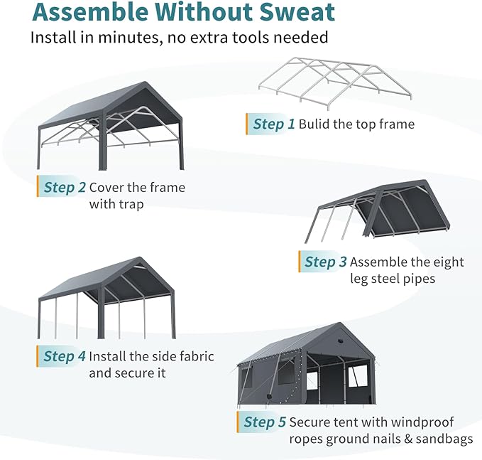 Heavy Duty Carport Canopy 10x20FT,Extra Large Portable Car Tent Garage with Roll-up Windows and All-Season Tarp Cover,Removable Roof&Side Wall for Car,SUV,Boats&Truck Shelter Logic Storage