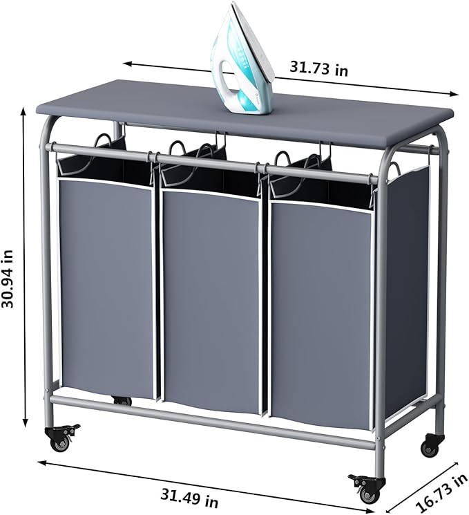 LINZINAR 3 Bag Laundry Basket Sorter Heavy Duty Rolling Lockable Wheels Laundry Hamper Cart with Ironing Board and Removable Bags, Grey