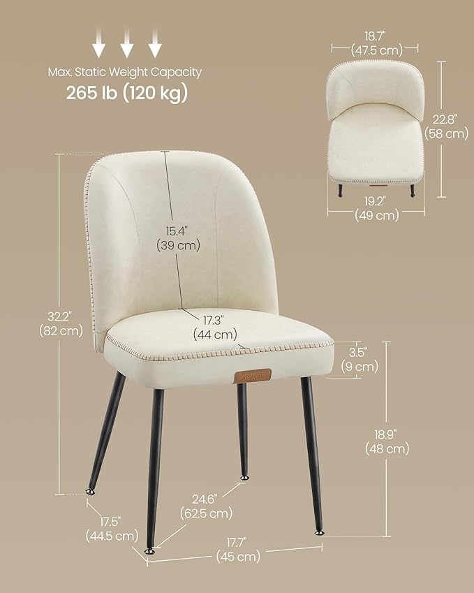 VASAGLE EKHO Collection - Dining Chairs Set of 2, Upholstered Kitchen Chairs, Comfortable Seat, Synthetic Leather with Stitching, Mid-Century Modern, Easy Assembly, with Storage Pocket, Cream White