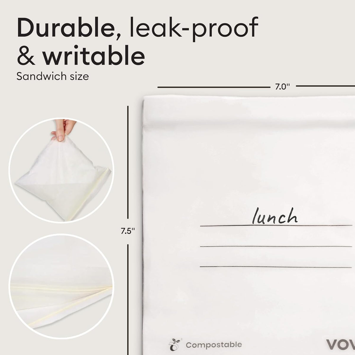 Vove Compostable Sandwich Bags, Medium 30 Count – Freezer Safe, Leak Proof, Non Toxic, Writable Surface for School Lunches & Meal Prep, Eco-Friendly