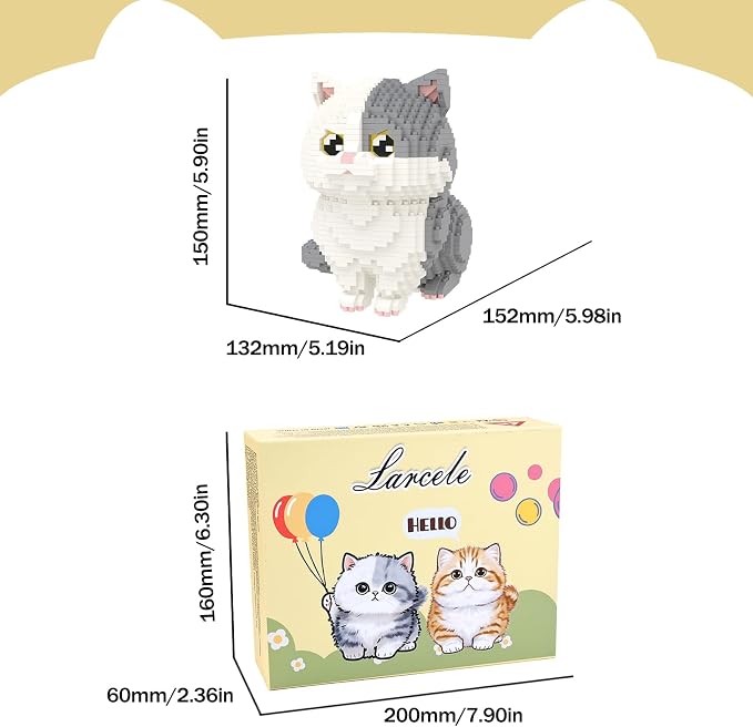 Larcele Micro Building Blocks Set, DIY Mini Building Toy Bricks for Age Over 12 Years, 1412 Pieces KLJM-05 (Munchkin Cat-Grey)