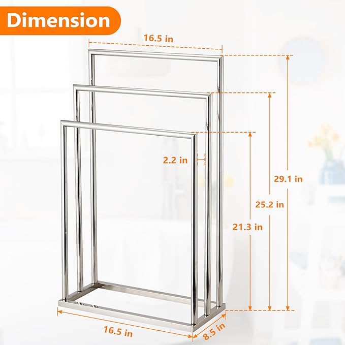 Free Standing Towel Racks for Bathroom, 3 Tier Stainless Steel Bathroom Towel Rack, Towel Drying Rack Stand for Outdoor Poolside, Blanket Holder, Chrome, DECLUTTR