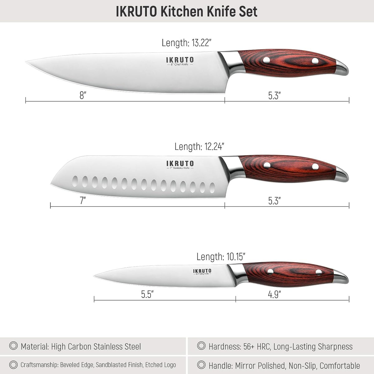 3-Piece Kitchen Knife Set – Includes Ultra-Sharp Chef Knife, High Carbon Stainless Steel Blades with Ergonomic Pakkawood Handles, Professional Knives Set for Kitchen, Elegant Gift Box