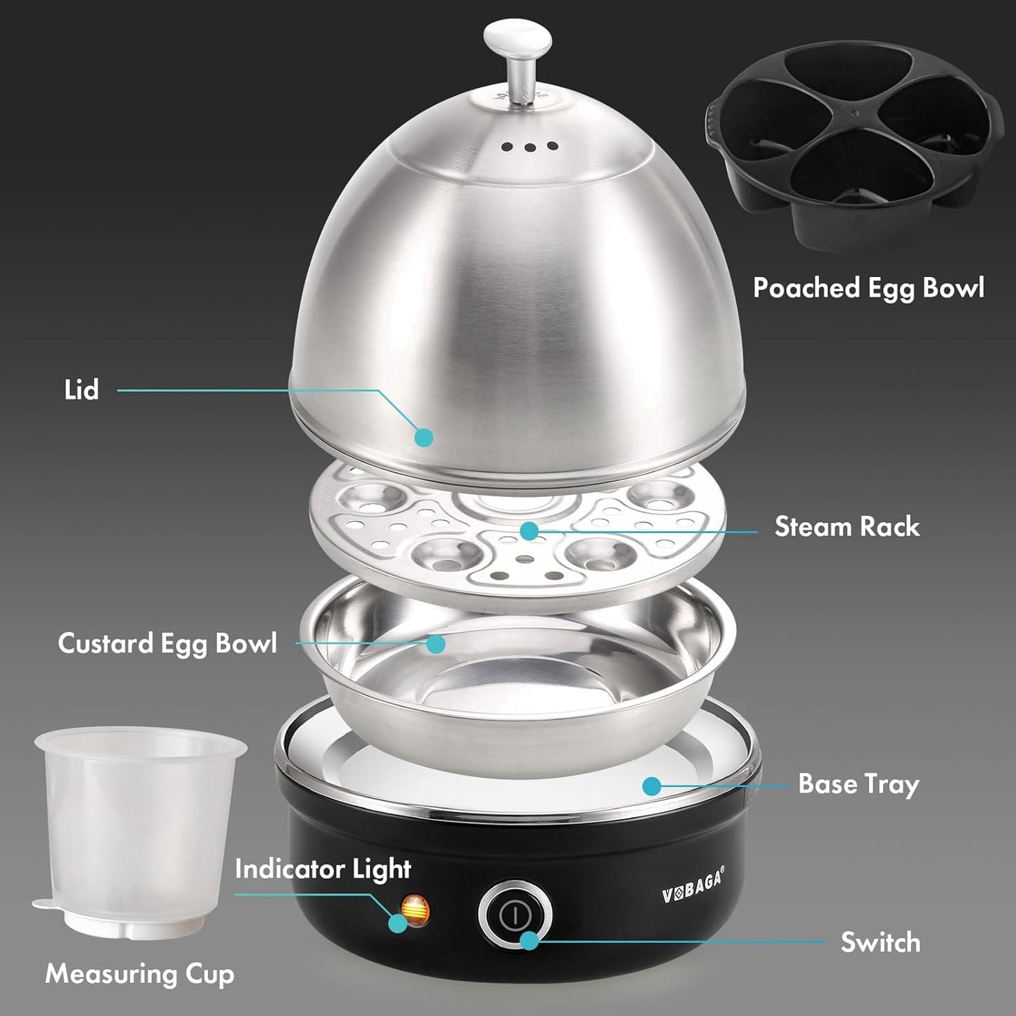 VOBAGA Electric Egg Cooker, Rapid Egg Boiler with Auto Shut Off for Soft, Medium, Hard Boiled, Poached, Steamed Eggs, Vegetables and Dumplings, Stainless Steel Tray with 7-Egg Capacity (Black)