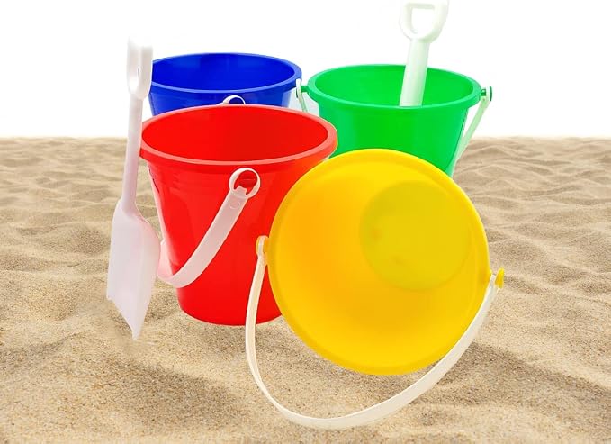 The Dreidel Company Beach Day Playsets, (Pack of 3) 5.25" Sand Bucket Play Set Box Includes, Pail & Shovel Sand Toy for Boys and Girls Birthday Party Favor