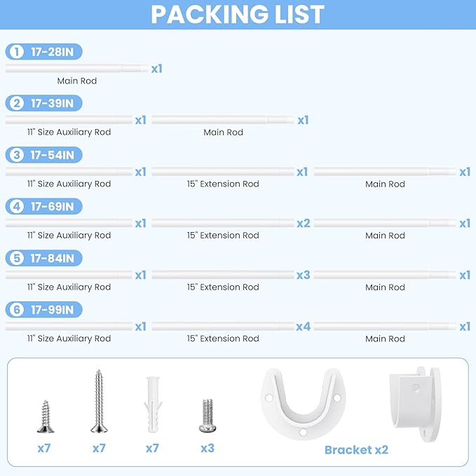3 Pack Closet Rods for Hanging Clothes, 17 to 54 Inch Heavy Duty Stepless Adjustable Closet Hanging Rod, 1.3 Inch Diameter Metal Closet Rod for Wardrobes Laundry Bedroom RV, White