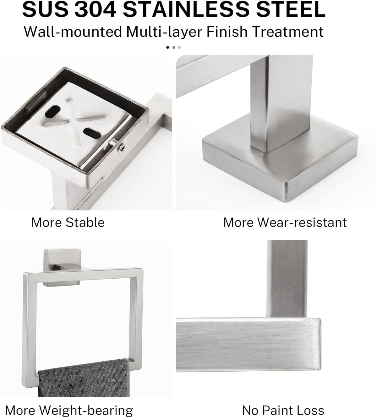 2-Piece Brushed Nickel Square Towel Ring,Modern Hand Towel Holder for Bathroom,SUS304 Stainless Steel Towel Hangers Wall-Mounted