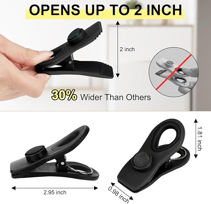 TACGEA Chip Clips, Magnetic Bag Clips with Air Tight Seal for Food Storage, 12 Pack, Black