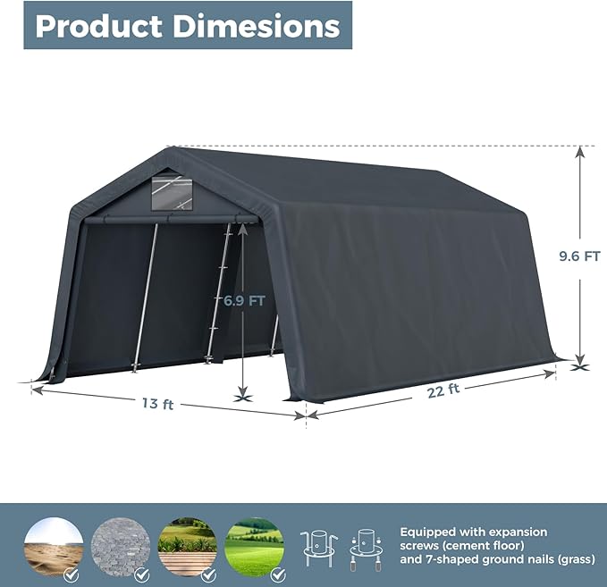 GREEN PARTY Storage Shelter Shed, 13x22 ft Portable Shed Outdoor Carport with Roll-up Zipper Door & Vents, Outdoor Storage Shed Portable Garage for Motorcycle, Bike, Waterproof & UV Protected, Gray