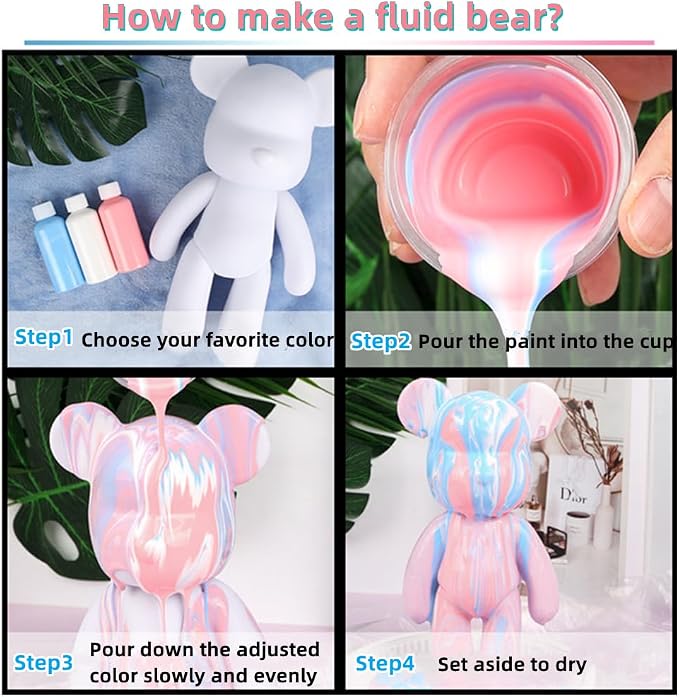 HANDA DIY Painting Fluid Bear Teddy Bear Painting Kit Set Creative Home Decorations Handmade Doll Figurine Toys Gift for Birthday Valentines (5 Colors Acrylic Paints, no Bear)