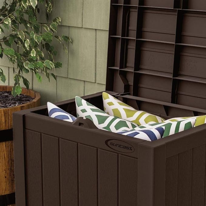 Suncast Small Outdoor Storage Box - 22 Gallon Java Resin Outdoor Deck Box, Flat-Lid Bench Seating, Patio Storage Bin Container for Organizing Tools, Cushions for Porch, Deck, Pool, & Garden