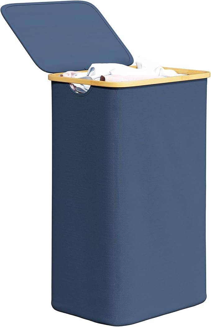 SpaceAid Laundry Hamper with Lid, 110L Large Tall Clothes Basket Bin with Bamboo Handles, Collapsible Laundry Hamper for Bedroom, Bathroom, Dorm, Laundry Room - Blue