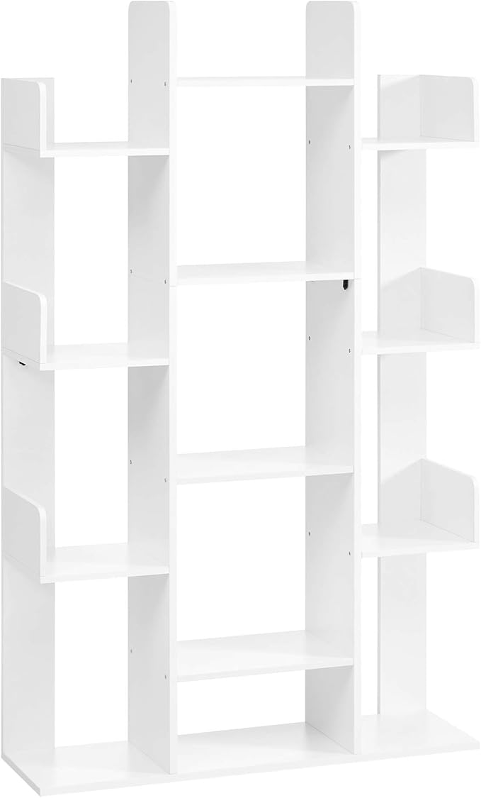 VASAGLE Bookshelf, Tree-Shaped Bookcase with 13 Storage Shelves, Rounded Corners, 9.8”D x 33.9”W x 55.1”H, White ULBC067W01