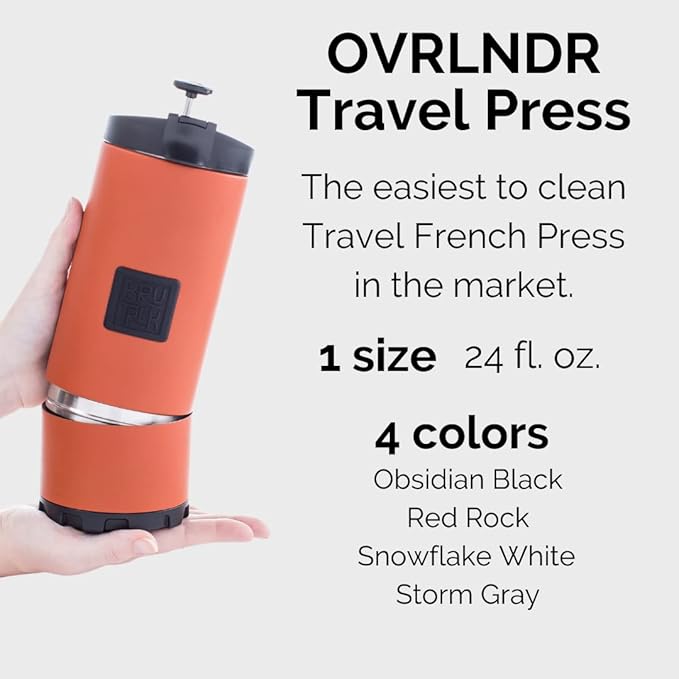 BruTrek® by Planetary Design OVRLNDR Travel Coffee French Press, 24 fl.oz, Double Wall Insulated, Easy To Clean Removable Bottom, No Spill Lid, On The Go Coffee Brewing (Snowflake White)