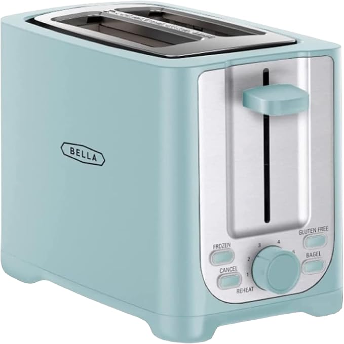 BELLA 2 Slice Toaster with Auto Shut Off - Extra Wide Slots & Removable Crumb Tray and Cancel, Defrost & Reheat Function - Toast Bread, Bagel & Waffle, Aqua