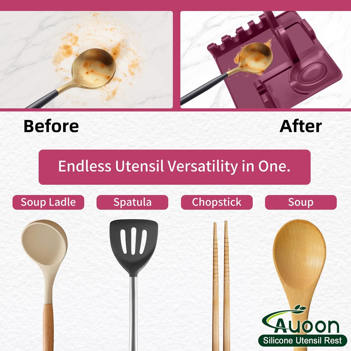 AUOON Spoon Holder for Stove - Silicone Spoon and Lid Rest with Drip Pad Kitchen Utensil Rest for Spoons, Ladles, Spatulas, Tongs & More (Cherry, Large)