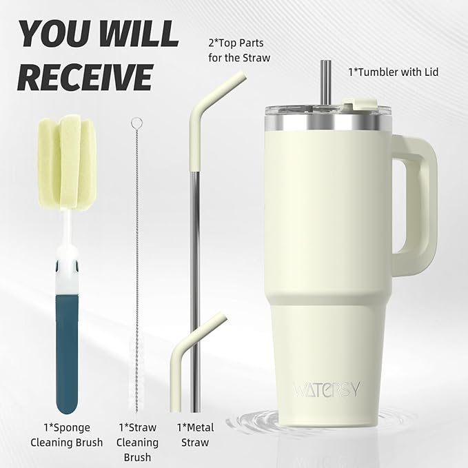 30 oz Tumbler with Handle,Tumbler with Lid and Straw,Double Wall Insulated Cup Stainless Steel Travel Mug(Cold for 34 Hours),Water Bottle for Iced Tea,Coffee,Cold Beverages(Cream White)