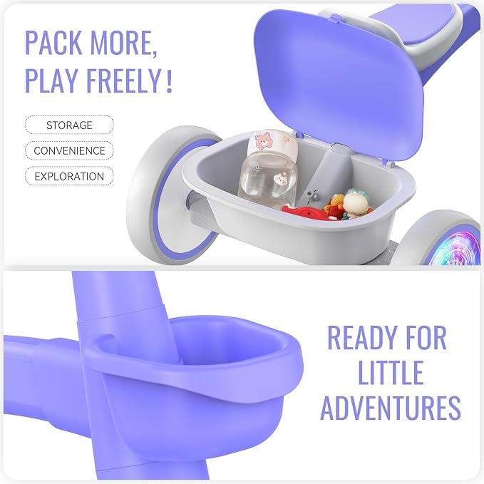 SEREED Colorful Lighting Toddler Tricycle for 2-5 Years Old Boys Girls, Adjustable Seat&Handlebar Trike, Removable Basket, Birthday Gift Idea for Kids Ages 2+ (Purple)