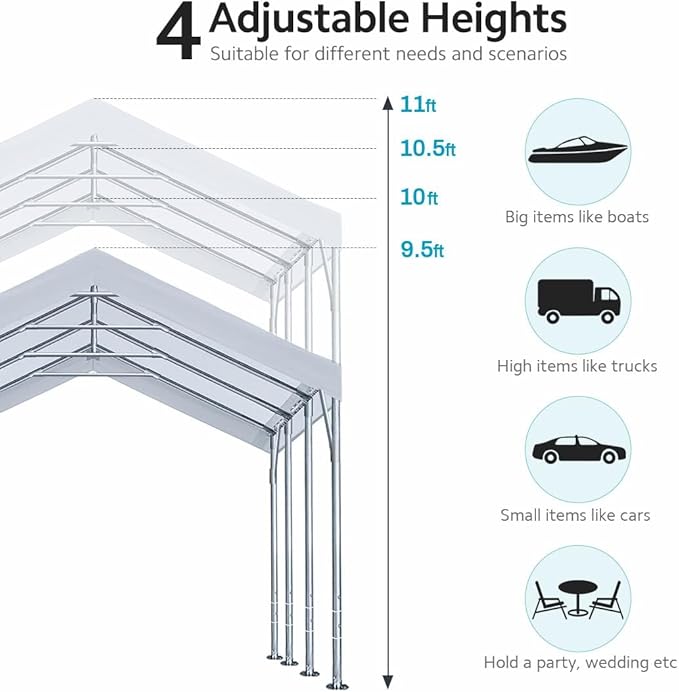 ADVANCE OUTDOOR 12x20 ft Heavy Duty Carport Potable Car Canopy Garage Party Tent Boat Shelter, Adjustable Height from 9.5 ft to 11 ft, White