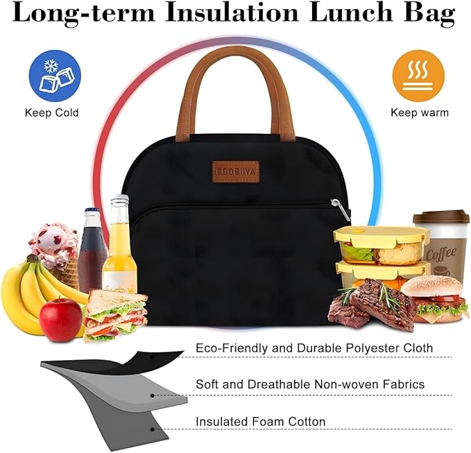 Coobiiya Lunch Box Lunch Bag for Women Men,Reusable Cute Lunch Pail bag,Leakproof,Insulated LunchBox Tote Compact 10L, Cooler Lunch Container for Work Travel Office (Black)