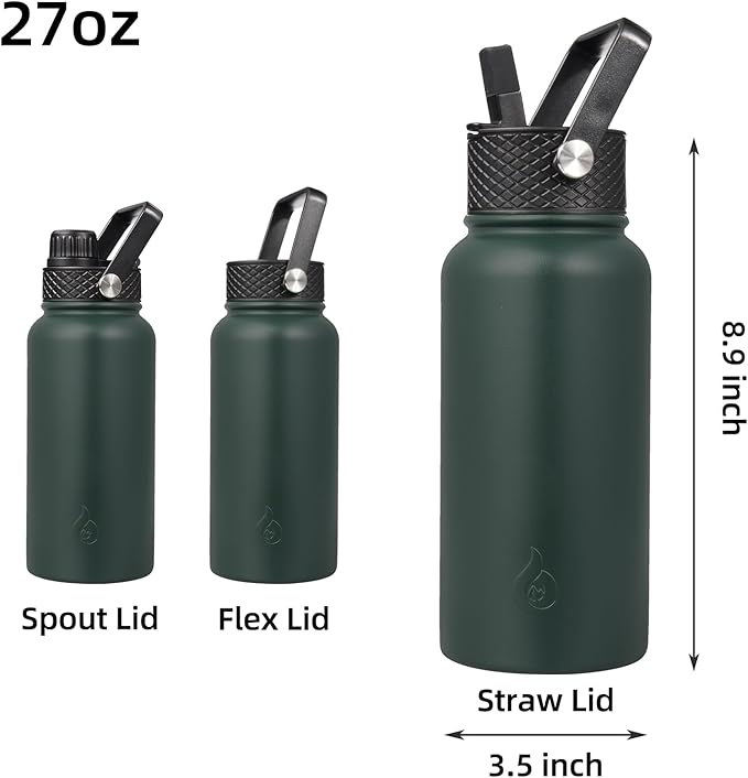 BJPKPK Insulated Water Bottles with Straw Lid, 27oz Stainless Steel Water Bottle with 3 Lids, Leak Proof BPA Free Metal Thermo, Mugs, Tumblers, Keep Cold Hot -Army Green