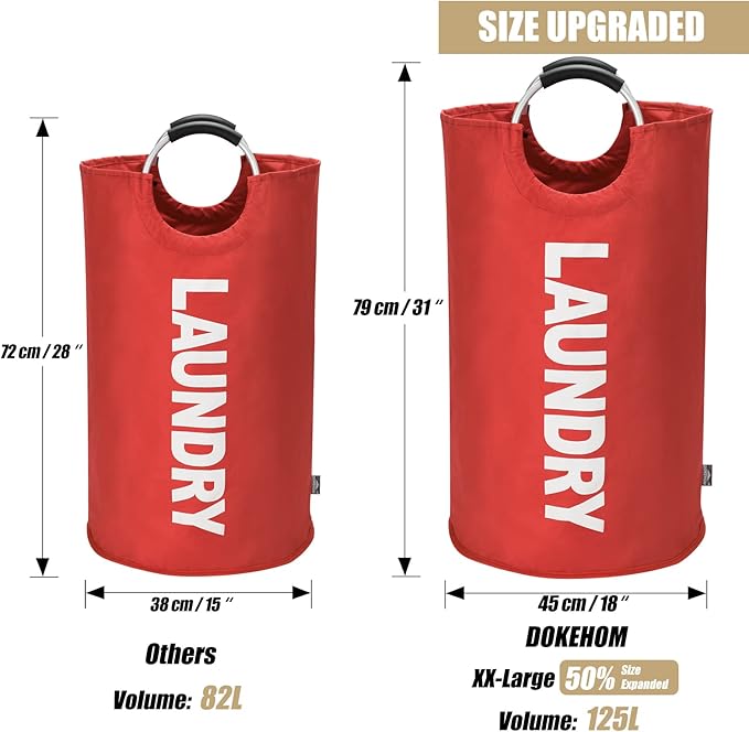 DOKEHOM 125L X-Large Collapsible Washing Laundry Basket Bag (7 Colors) for Bedroom, Fabric (Red, XL)