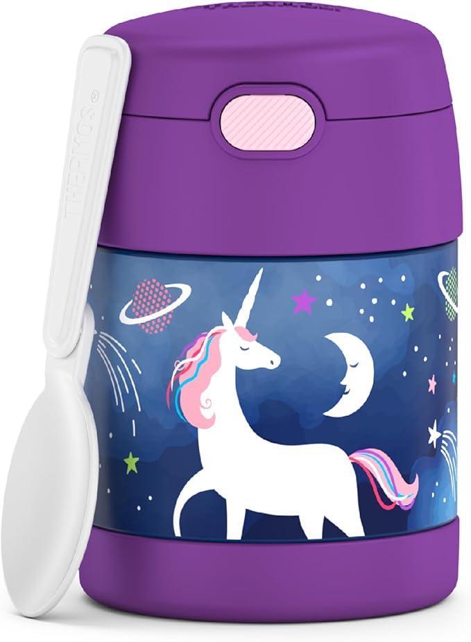 THERMOS FUNTAINER Insulated Food Jar, 10 Ounce, Kid Friendly Food Jar with Foldable Spoon, Space Unicorn