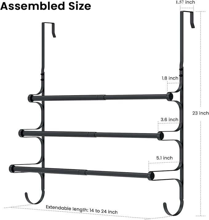 Over The Door Towel Rack, Over Door Towel Rack for Bathroom Door, Triple Towel Storage Holder with Hooks (Matte Black)