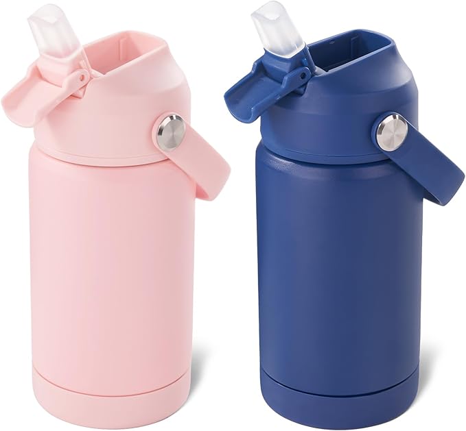 Kerilyn 12oz Kids Water Bottle 2 Pack, Stainless Steel Insulated Water Bottle Bulk, Toddler Cups with Straws Leak-Proof, Kids Water Bottles for School Boys Girls, BPA Free, Blue+Pink 2 Piece Set