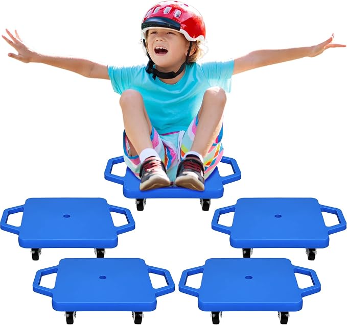 Jerify 4 Pieces Sports Scooter Board with Handles Plastic Casters Floor Sitting Scooter Boards for Kids Children Gym Indoor Outdoor Activities Play Equipment, 11.22 x 11.22 inch