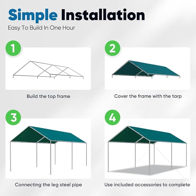 Quictent 10x15 ft Heavy Duty Car Canopy Galvanized Frame Carport Outdoor Party Tent Boat Shelter with 3 Reinforced Steel Cables - Green