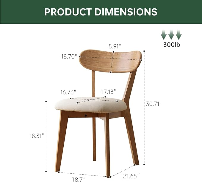 100% Solid Oak Dining Chairs, Mid Century Modern Dining Chair with Curved Backrest, Fabric Upholstered Dining Chairs for Kitchen, Study, Living Room (1, Original Wood-Pear White Cushion)