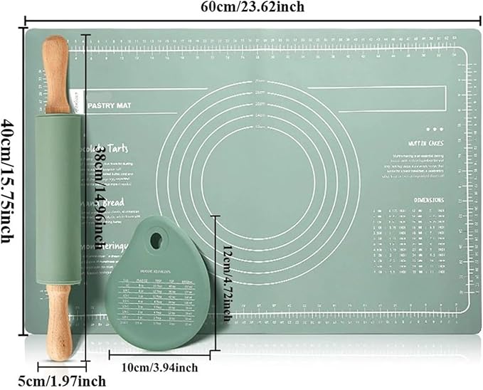 Silicone Measuring Kneading Pad Set Household Rolling Pin Dough Large Thick Non-slip Non-stick Bottom Baking Tool(Rolling pin blue)