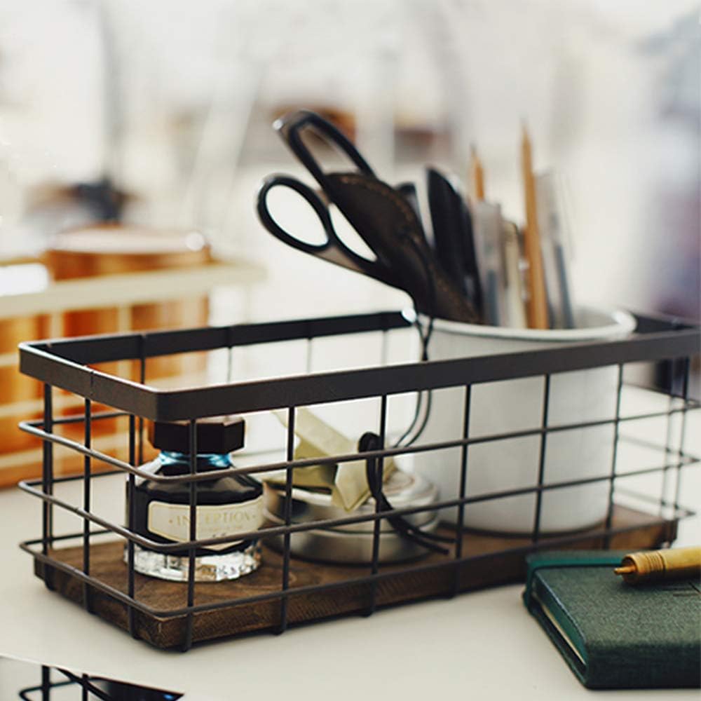 TIEYIPIN Small Metal Wire Storage Basket, Detachable Wood Base Storage Organizer Bin Basket for Kitchen Cabinets, Bathroom, Pantry, Garage, Laundry Room - Brown (2 Pack)