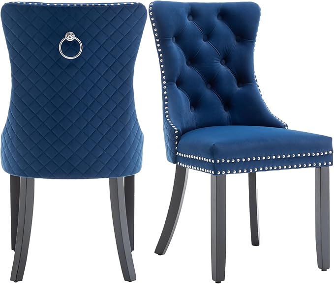 Velvet Dining Chairs Set of 2, Upholstered Dining Room Chairs with Nailhead Trim, Sillas de Comedor Modernas 2, Wooden Kitchen Chairs for Dining Room, Living Room, Kitchen, Bedroom, Blue