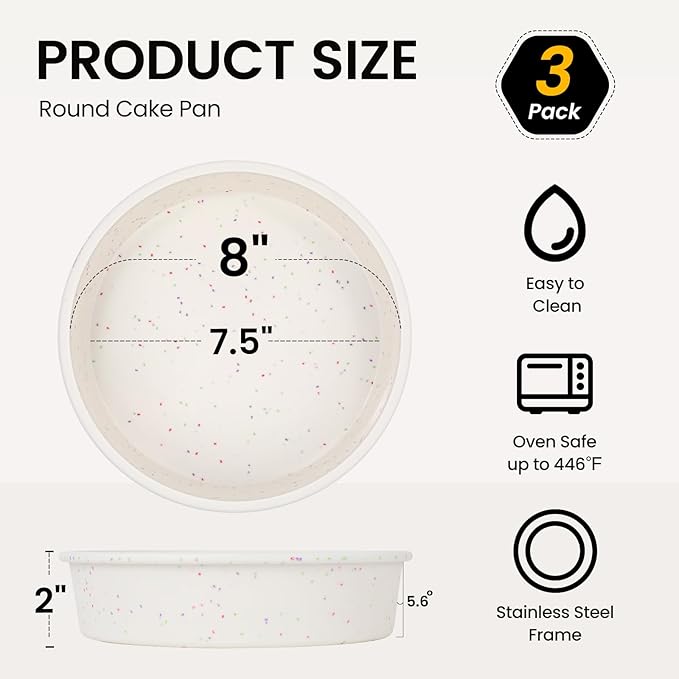 Vinino 8 Inch Silicone Round Cake Pan with Metal Reinforced Frame Set of 3, Nonstick Silicone Springform Pan for Baking Suitable for Making Layers, Cheese & Chocolate Cakes