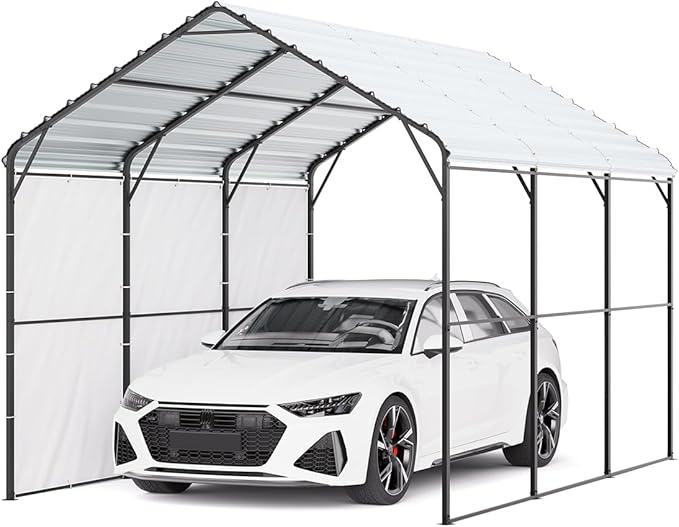 VEVOR Heavy Duty Metal Carport, 10' x 15' Outdoor Carport with Galvanized Steel Frame & Roof, Car Tent Garage Shade with Removable Sidewalls, Multi-Use Car Shelter for Pickup, Boat, Car & Tractors
