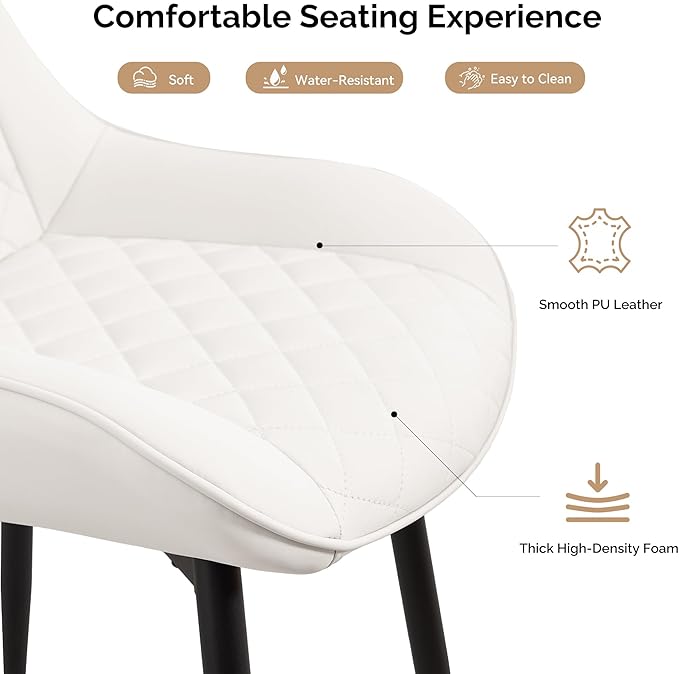 Dining Chair Set of 2, Modern Dining Chairs with Thick Cushions, Faux Leather Upholstered Kitchen Dining Room Chairs with Metal Adjustable Legs for Dining Living Room, White