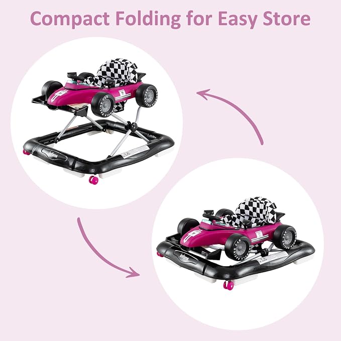 INFANS 4 in 1 Baby Walker, Foldable Toddler Activity Center with Adjustable Height, Padded Seat, Music, Light, Removable Tray, Push Walker for Girls Boys Aged 6-18 Months (Violet)