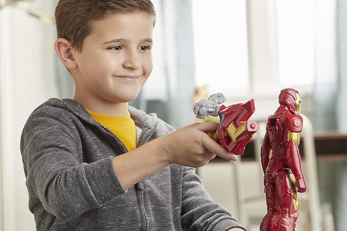 Avengers Marvel Titan Hero Series Blast Gear Iron Man Action Figure, 12-Inch Toy, with Launcher, 2 Accessories and Projectile, Ages 4 and Up, Red