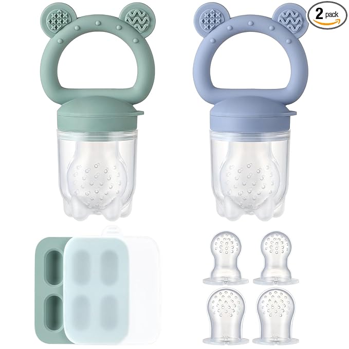 2 Pack Silicone Baby Fruit Feeder with Mini Freezer Tray, Breastmilk Popsicle Molds for Baby Teething Relief, Fresh Food Feeder for Safe Infant Self Feeding, Extra Food Pouches
