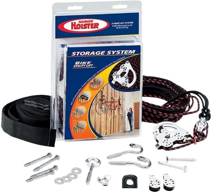 HARKEN Hoister - Overhead Garage Storage 2 Point Hoist System for Bikes, Kayaks, Surf & Paddle Boards (60lb Capacity, 16ft Ceiling) Safe Anti-Drop System, One-Person Operation - 7807.16