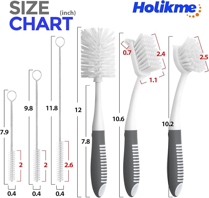 Holikme 6 Pack Dish Brush Set with Bottle Brush, Dish Scrub Brush, Pan Brush and 3 Straw Brushes, Deep Cleaning Handle Brush with Scraper Tip for Kitchen Sink Dishes Bottle Cup Pot and Pans (Gray)