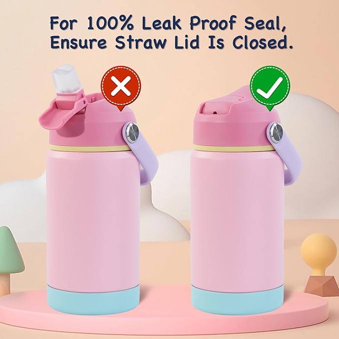 Kerilyn 12oz Kids Water Bottle 2 Pack, Stainless Steel Insulated Water Bottle Bulk, Toddler Cups with Straws Leak-Proof, Kids Water Bottles for School Boys Girls, BPA Free, Blue+Pink 2 Piece Set
