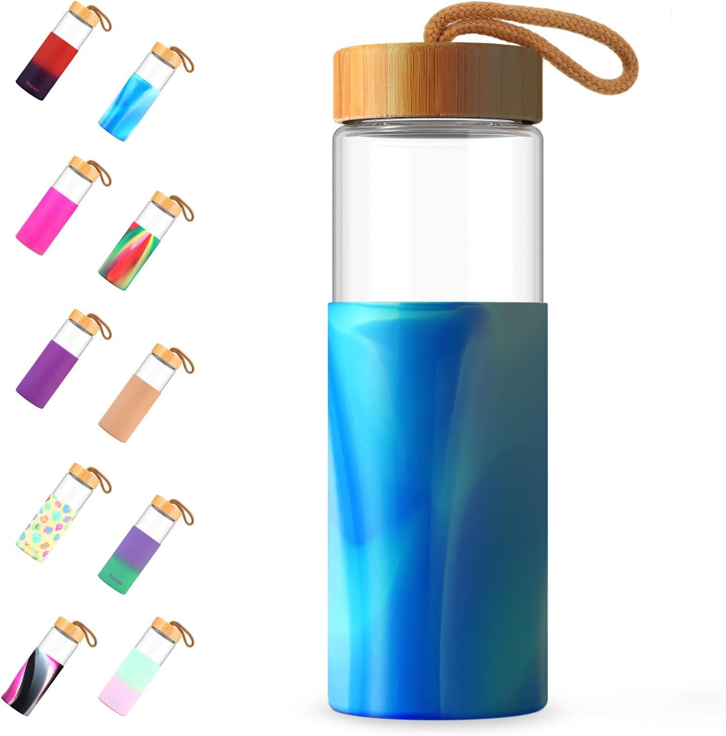 Tronco 24oz Glass Water Bottles with Bamboo Lid & Silicone Sleeve, Leak Proof, BPA Free, Reusable Borosilicate Glass Bottles for Juicing, Smoothies, Juice & Water, for Men & Women Gym, Office, Travel