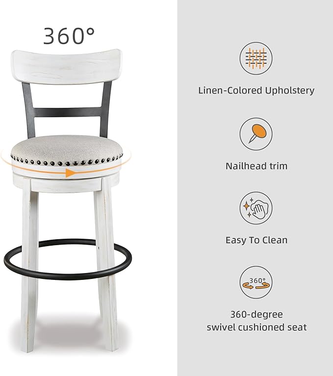 Signature Design by Ashley Valebeck 30" Modern Swivel Pub Height Barstool, Whitewash