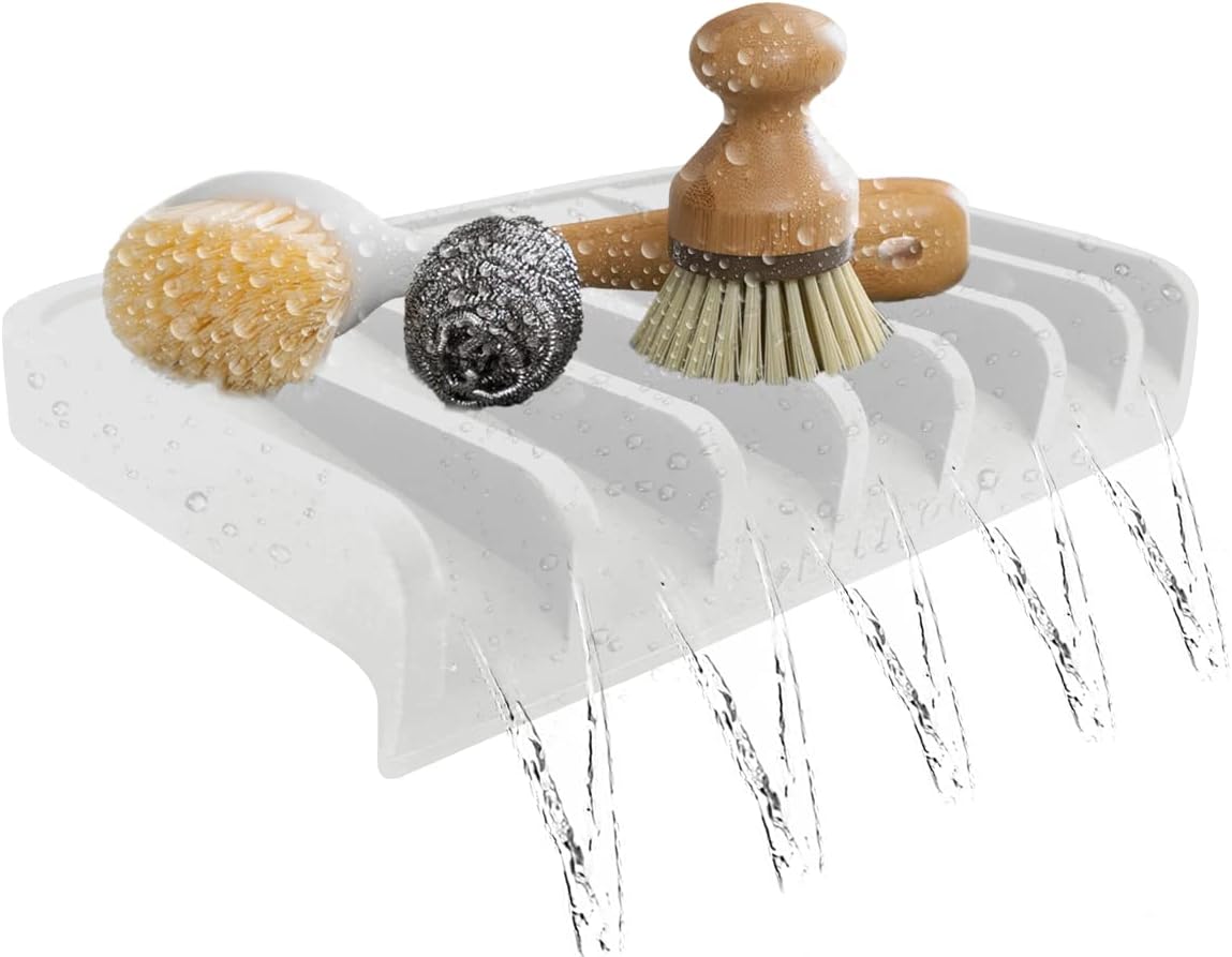 Effilogic Silicone Sponge Holder – Self-Draining Kitchen Sink Organizer, Quick Dry Mat and Counter Protector – Dishwashing Accessories for Sponges, Brushes, and Soap - Medium White